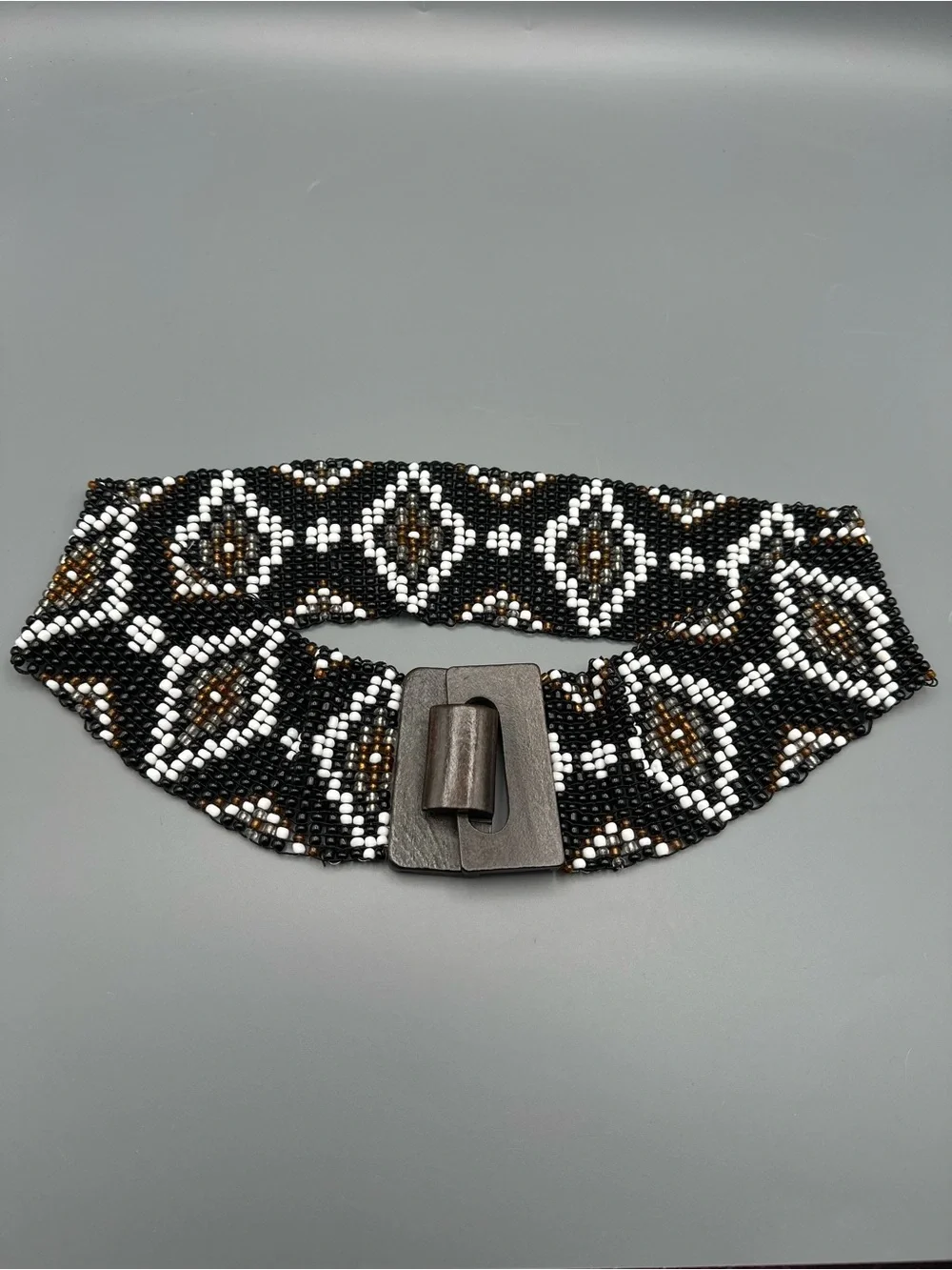 Handmade Black & White Beaded Waist Belt with Wooden Buckle